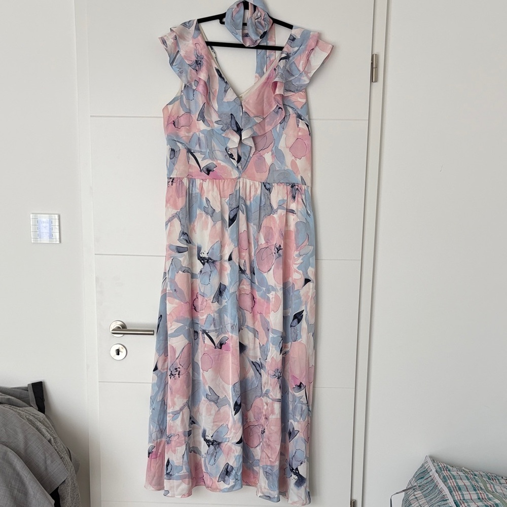 DKNY Pink and Light Blue Floral Ruffle Maxi Dress